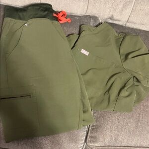 Figs Olive Green Scrub Set with Red Accent